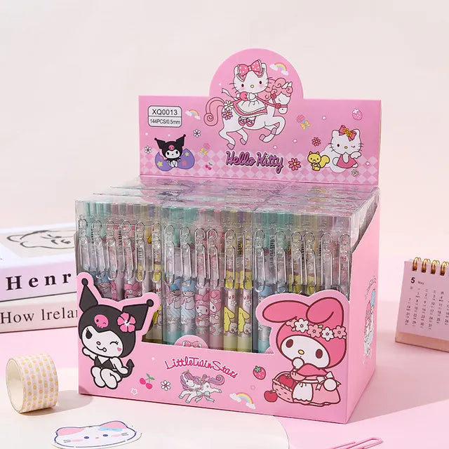 Sanrio 12pcs Cartoon Gel Pen Kawaii Hello Kitty Kuromi Cinnamoroll Stationery 0.5 Black With Metal Hook Office Write Cute Pens