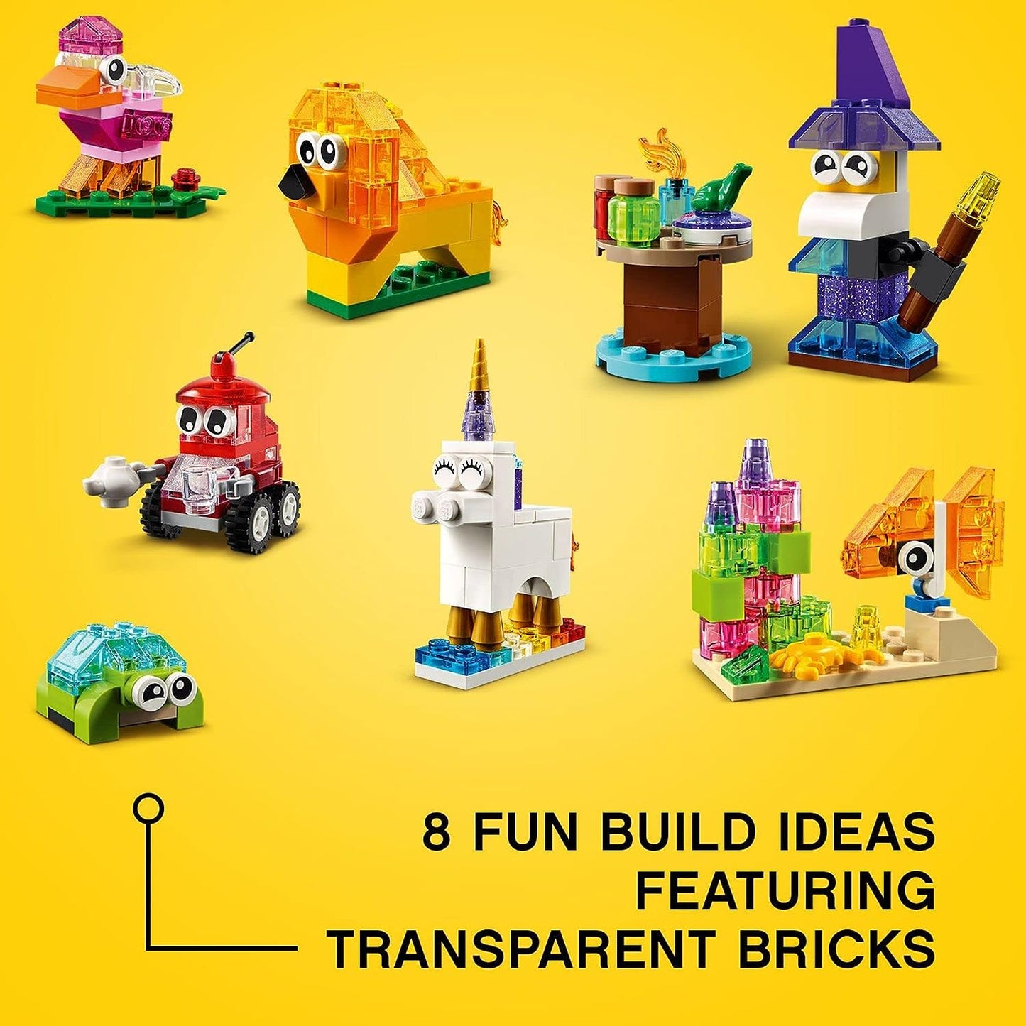 LEGO Classic Creative Transparent Bricks Building Set 11013 for Girls and Boys, STEM Toy and Preschool Hands-On Learning Toy, Includes Wizard, Unicorn, Lion, Bird, and Turtle